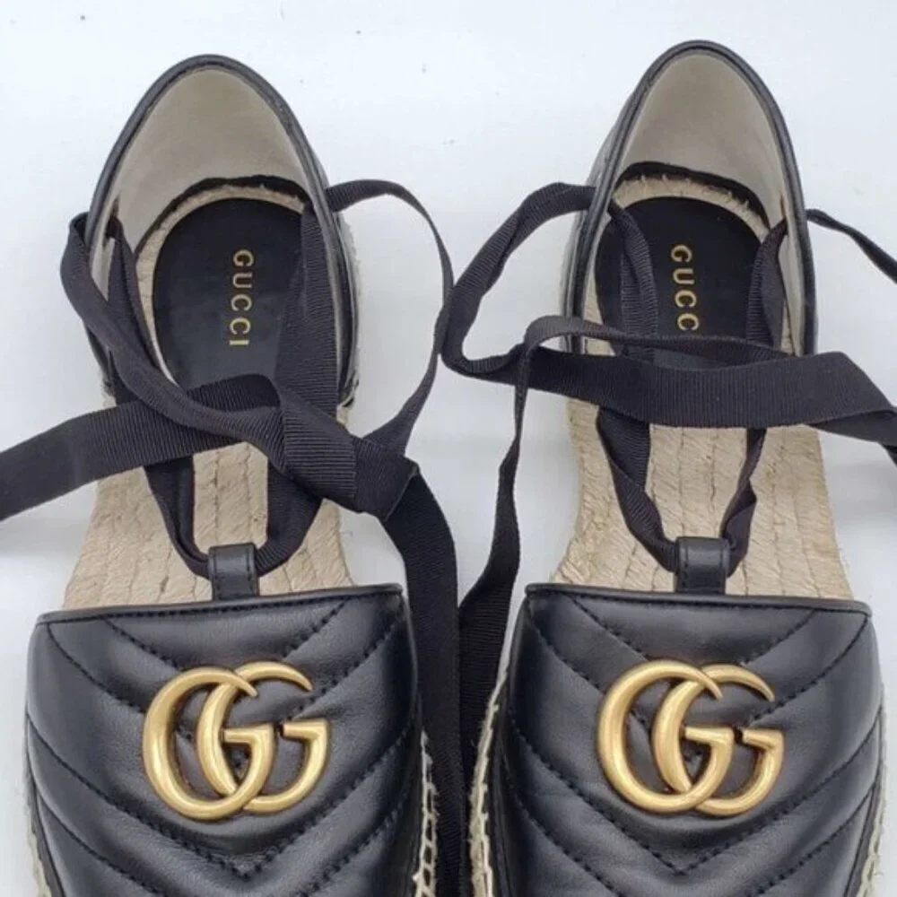 Authentic Gucci GG Marmont Espadrille Sandals Black Leather Gold Logo Brand New